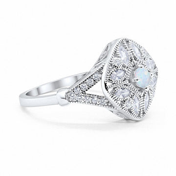 Art Deco Ring Marquise Filigree Lab Created White Opal 925 Sterling Silver